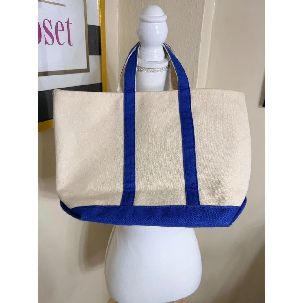 Bloomingdales Bloomies Canvas Tote Bag Cream Royal Blue Logo Shopper Made in USA